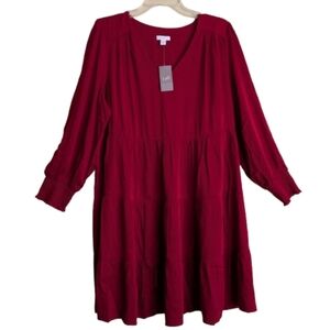 J. Jill Tiered Smocked Dress Crimson Red Long Sleeves Size LP Christmas Party